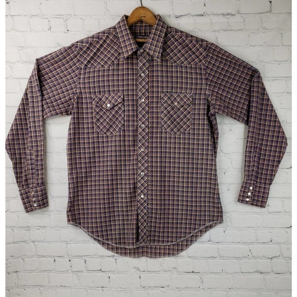 Vintage Wrangler Long Tail Pearl Snap Plaid Men Multicolor Sz 17X36 Made In USA - Picture 1 of 16